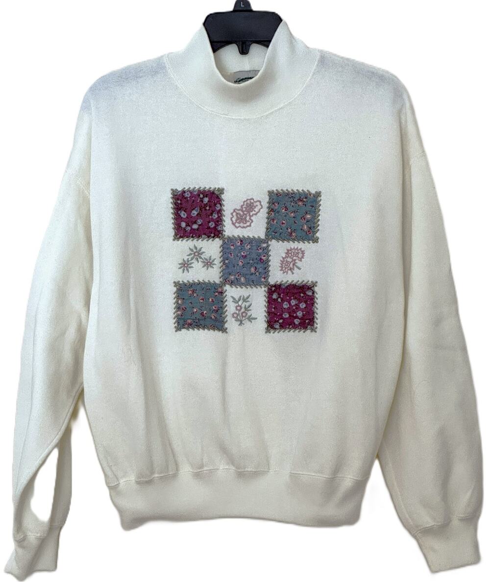 Vintage Separate Issue Floral Patchwork Mock Neck Sweatshirt Cream Size M